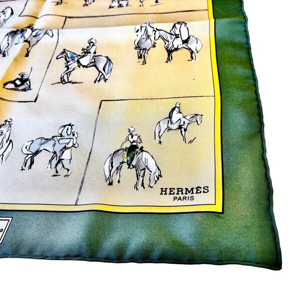 HERMES Paris Silk Scarf Equestrian Horse & Rider VOYAGE AU NIGER Green New 16" - Picture 6 of 16